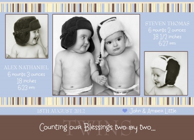 Twin Birth Announcement Cards, Two by Two Blue Design