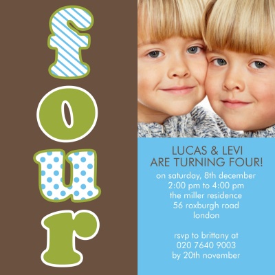 Kids Birthday Invitations, Double Fabulous Fours Design